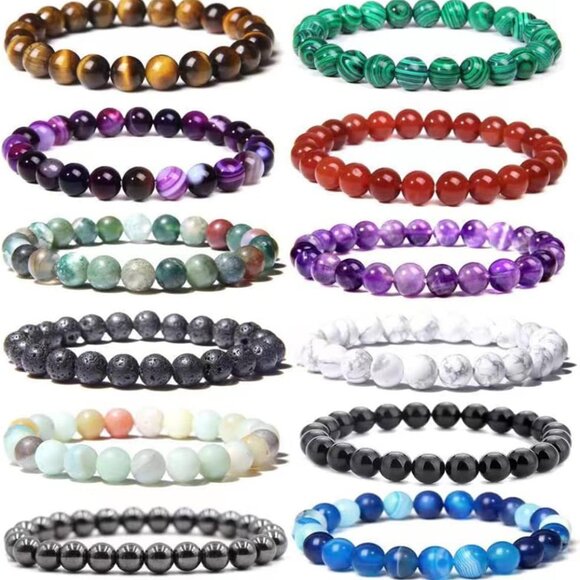 12 Pcs Beaded Bracelets Stone Semi-Precious Unisex Gifts - Picture 1 of 7